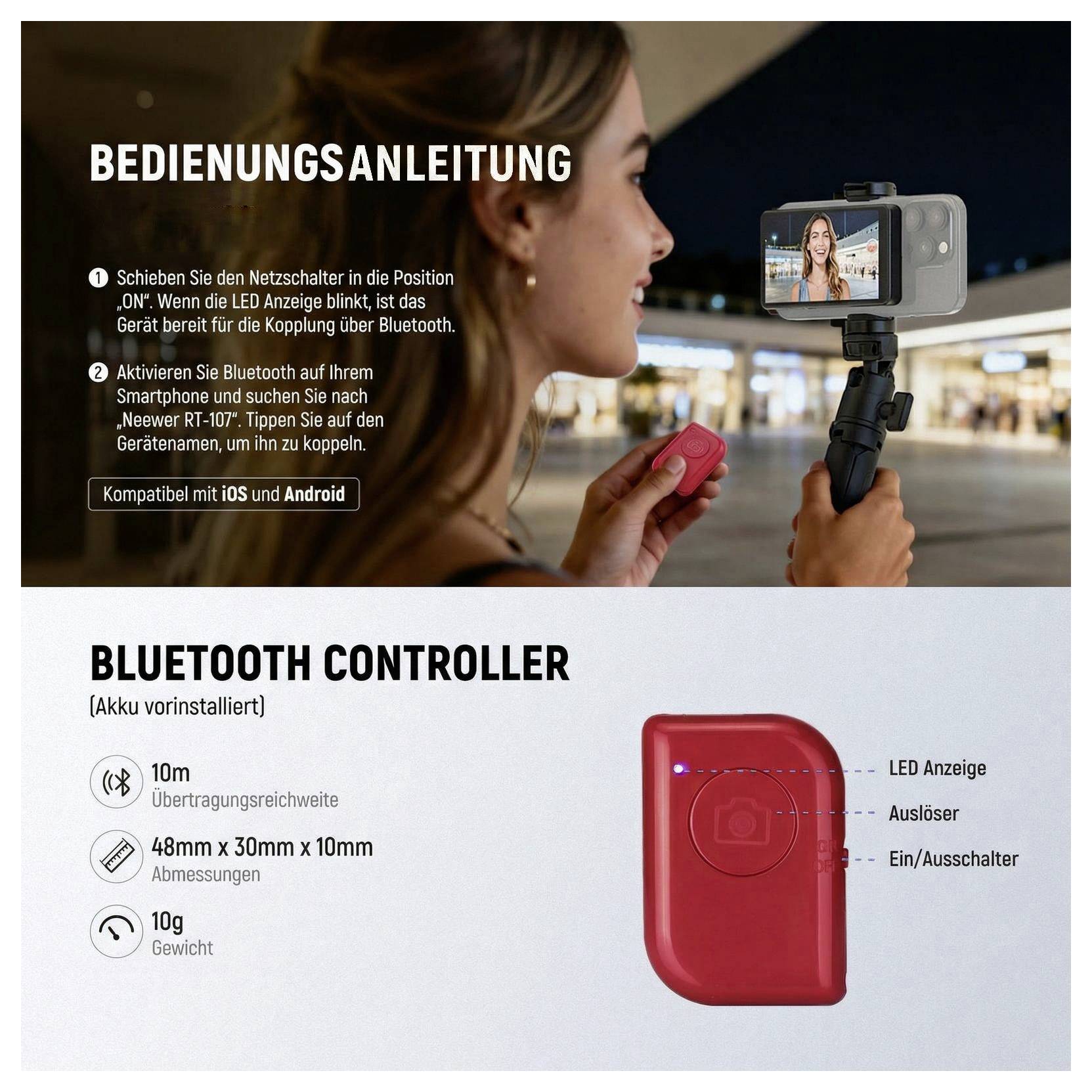Príručka diaľkového ovládača Bluetooth fotoaparátu zobrazujúca ženu používajúcu smartfón na statíve; vlastnosti vrátane červeného bezdrôtového ovládača, dosah 10 m, rozmery 48 x 30 x 10 mm, hmotnosť 10 g, kompatibilný s iOS a Android.