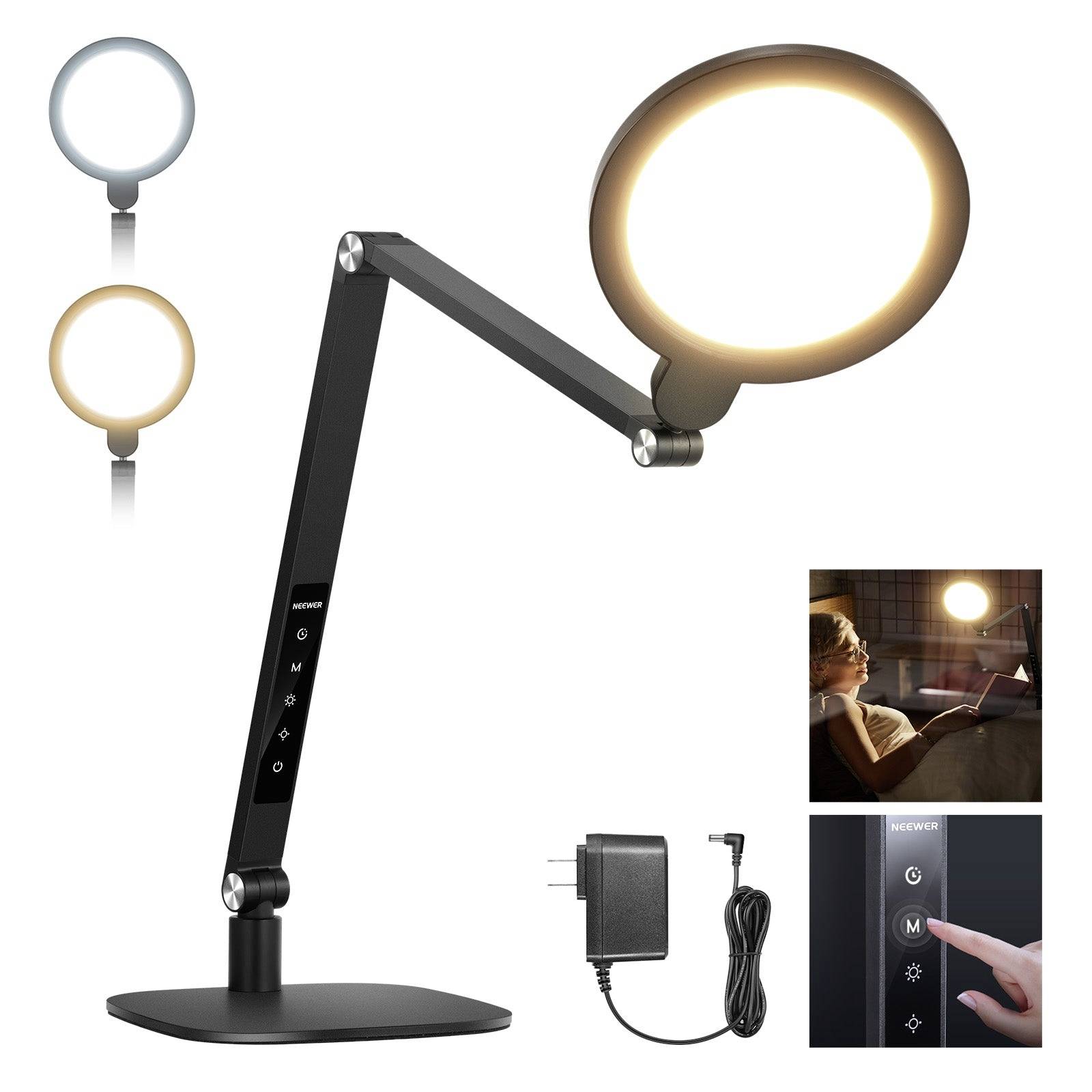Nastaviteľná stolná lampa s glow svetlom, ktorá má chladný a teplý farebný režim, dotykové ovládače a priložený napájací adaptér.