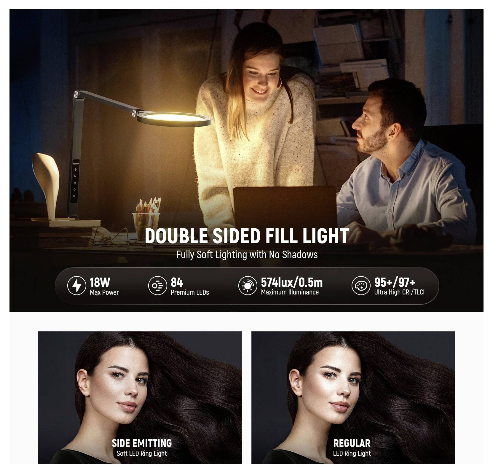 Reklamný grafický materiál na "obojstrannú výplňovú lampu", ktorý zobrazuje ženu a muža osvetlených pri stole a porovnávacie fotografie bočne vyžarujúcej LED kruhovej lampy v porovnaní s bežnou LED kruhovou lampou.