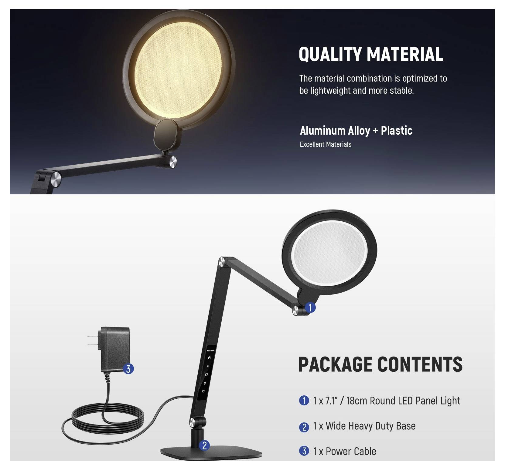 Produktová grafika zobrazujúca okrúhly LED panelový reflektor so stojanom, označená ako „Kvalitný materiál" a „Obsah balenia": svetlo, robustný stojan a napájací kábel.