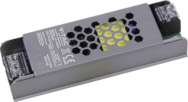Sivá jednotka napájacieho zdroja V-TAC LED s otvormi vetraním v tvare včelieho plástva a priehľadnými svorkami na káblikoch na oboch koncoch, zobrazené na bielom pozadí.