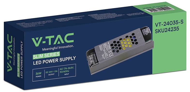 Boxovaný V-TAC tenký LED zdroj napätia, model VT-24035-S, 35W, s obrázkom produktu a špecifikáciami vstupu/výstupu na balení.