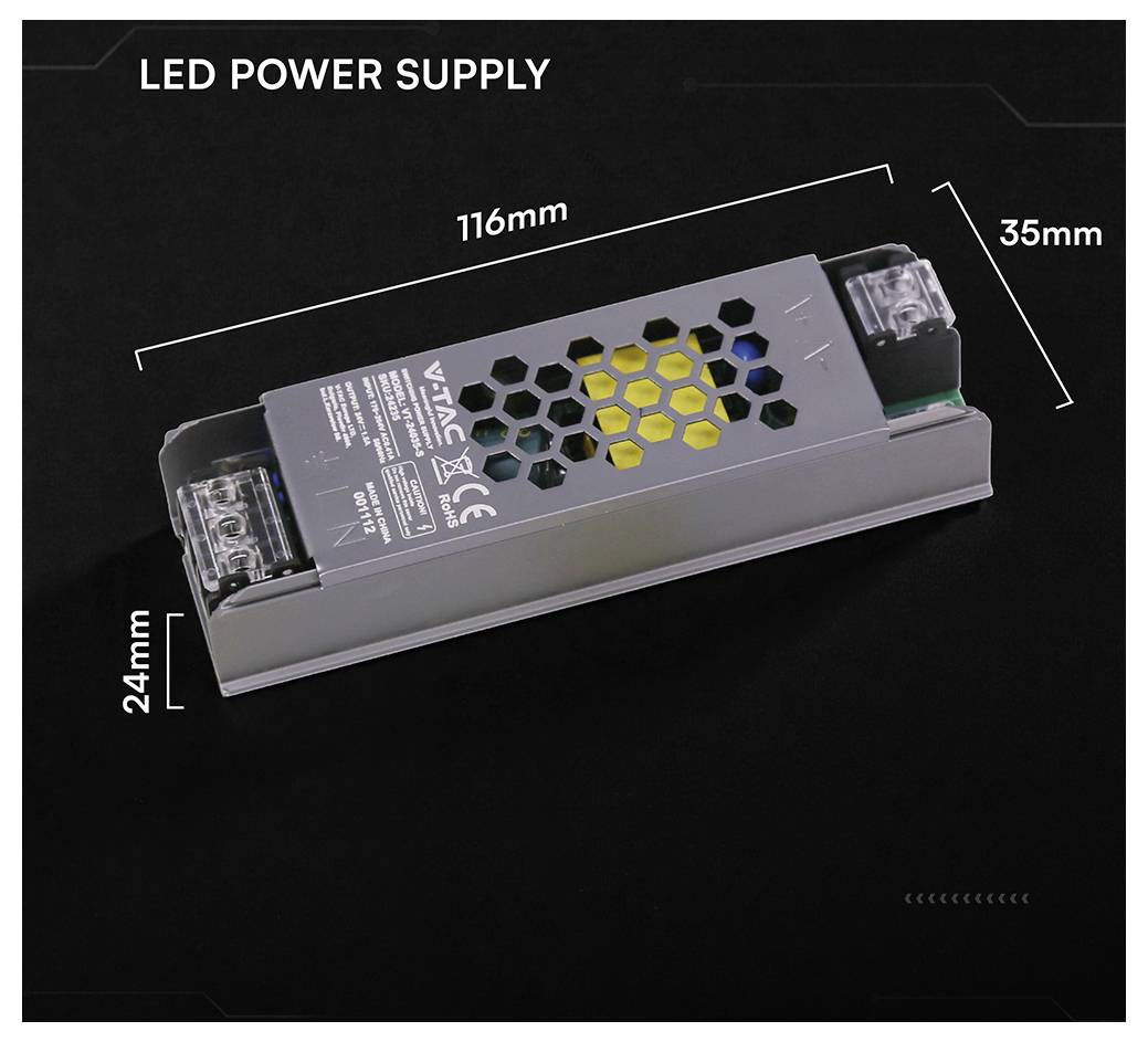 Kompaktný LED zdroj energie zobrazený s rozmermi 116mm dlhý, 35mm široký a 24mm vysoký.