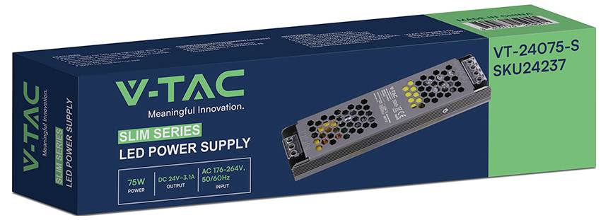 V-TAC Slim Series LED zdroj napájania, model VT-24075-S, 75W, zobrazený v balení s obrázkom produktu a špecifikáciami.