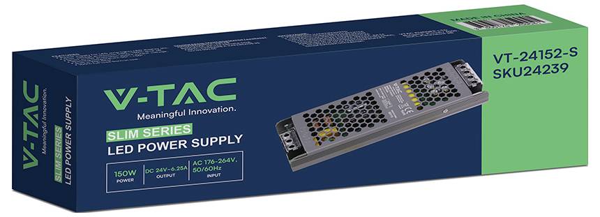 V-TAC Slim Series LED zdroj napätia v krabici, model VT-24152-S, zobrazujúci 24V 2,5A kovový zdroj napätia.