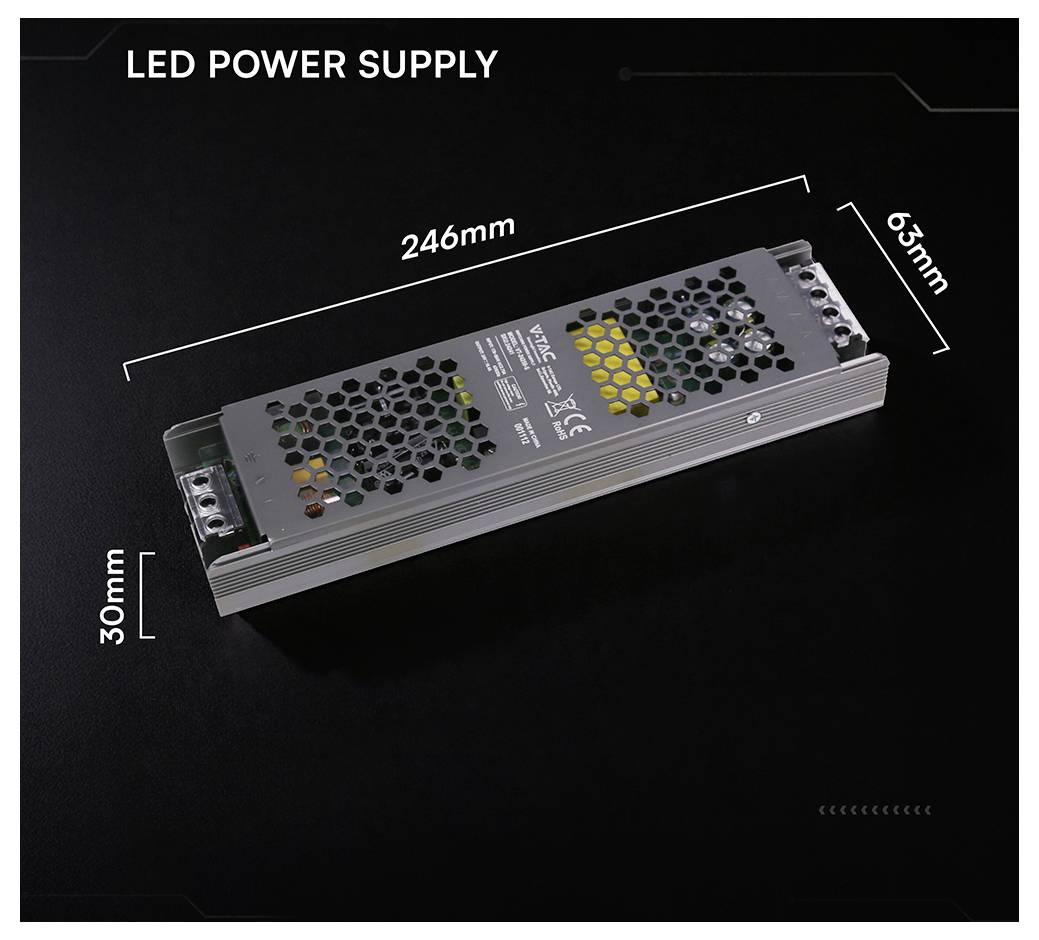 Zdroj napájania LED zobrazený na čiernom pozadí s rozmermi: dĺžka 246 mm, šírka 63 mm a výška 30 mm.