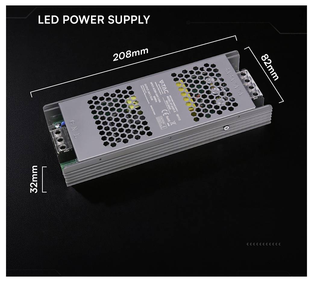 Jednotka napájania LED zobrazená na fotografii produktu s rozmermi označenými 208 mm dlhá, 82 mm široká a 32 mm vysoká.