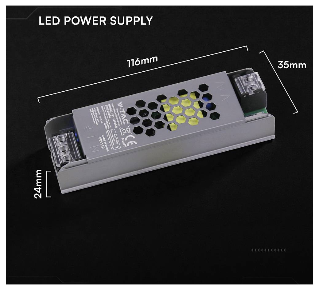 Kompaktný LED zdroj napájania zobrazený na čiernom pozadí s označením rozmerov 116 mm × 35 mm × 24 mm.