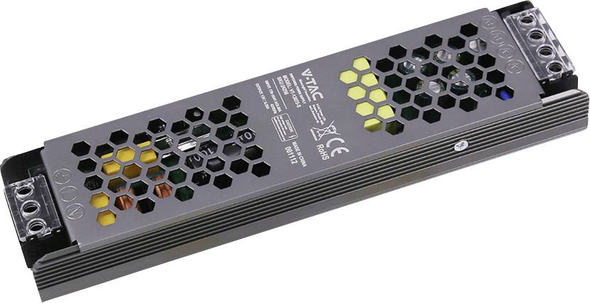 Dlhý obdĺžnikový AC-DC modul napájania s otvormi v tvare včelieho plástu a klemami na oboch koncoch, zobrazený na bielom pozadí.