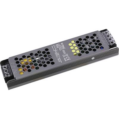Dlhý obdĺžnikový AC-DC modul napájania s otvormi v tvare včelieho plástu a klemami na oboch koncoch, zobrazený na bielom pozadí.