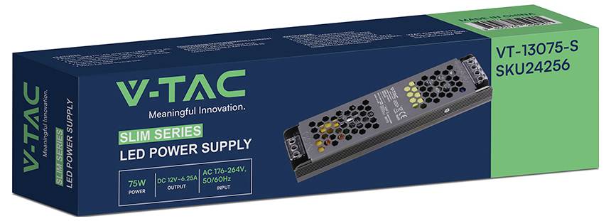 V-TAC Slim Series LED zdroj napájania, model VT-13075-S SKU24256, 75W, na zelenom a tmavomodrom balení s obrázkom produktu.