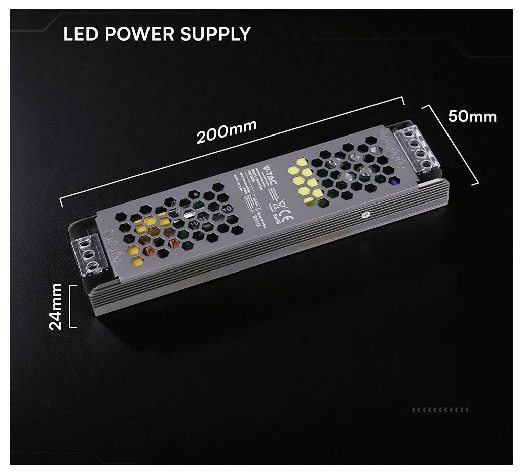 LED zdroj napájania zobrazený na čiernom pozadí, označený rozmermi 200 mm dlhý, 50 mm široký a 24 mm vysoký.