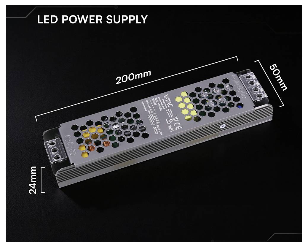 LED zdroj napätia zobrazený na fotke produktu s rozmermi 200 mm x 50 mm x 24 mm.