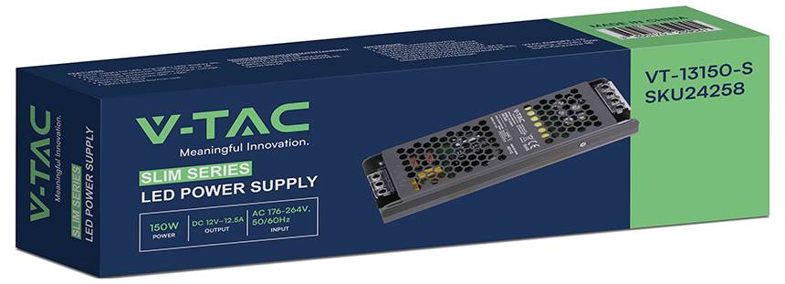 V-TAC Slim Series LED zdroj napájania, model VT-13150-S/SKU24258, zobrazený v modrom a zelenom balení s obrázkom produktu na prednej strane.
