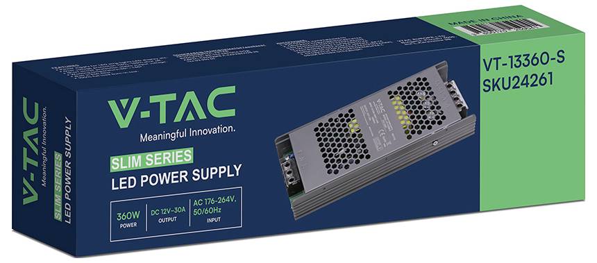 VTAC séria Slim LED zdroj napájania, označený ako "VT-13360-S" a "SKU24261", zobrazujúci obraz 360W napájacieho agregátu a špecifikácie elektrických parametrov.