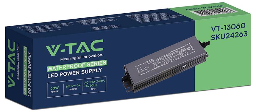 Vodotesná séria V-TAC LED napájací zdroj pre model VT-13060, zobrazujúci čiernu jednotku ovládača a balenie produktu s detailami výkonu a napätia.