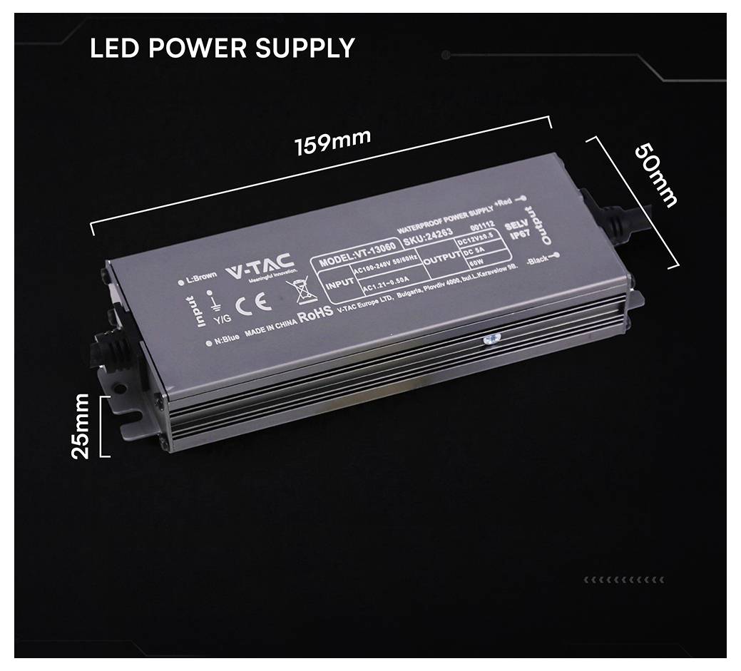 Jednotka napájania LED zobrazená v čiernej farbe s rozmermi 159 mm na 50 mm na 25 mm.
