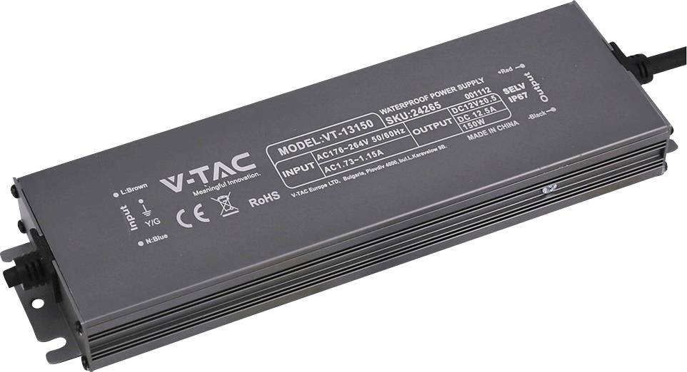 Čierna vodotesná LED zdroj napätia VTAC s montážnymi ušami a pripojenými kabelmi, označená "MODEL: VT-3150" a špecifikáciami vstupu/výstupu.