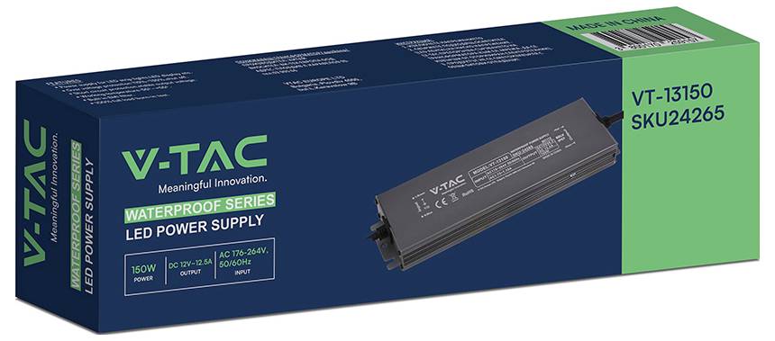 Produktová škatuľa pre sériu V-TAC vodotesných LED zásobovačov, zobrazujúca 150W čiernu napájaciu jednotku a text modelu VT-13150, SKU24265.
