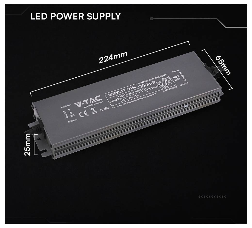 LED zdroj napájania zobrazený s rozmermi označenými 224mm dlhý, 65mm široký a 25mm vysoký.