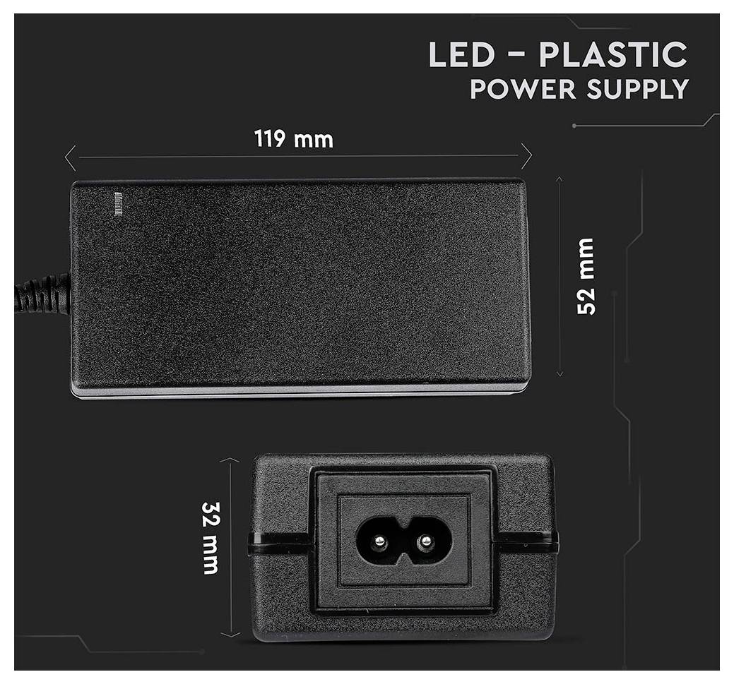 Diagram LED plastového zdroja napätia s pohľadom zhora a spredu s rozmermi 119 mm x 52 mm a 32 mm, označený "LED - PLASTOVÝ ZDROJ NAPÄTIA".
