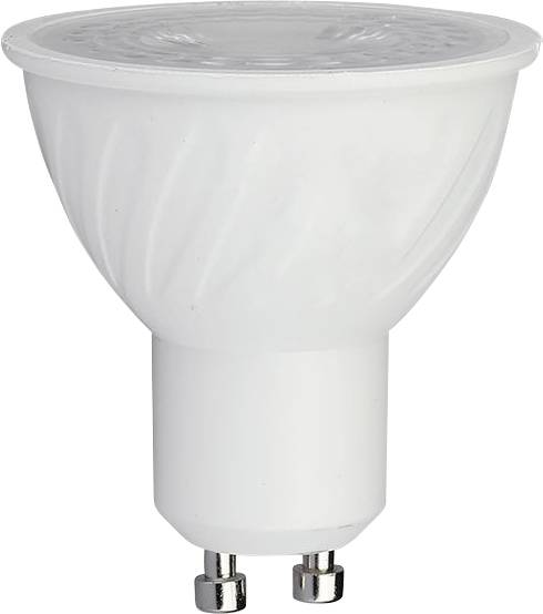 Biela LED svetelná bodová žiarovka s reflexným vrchlom v štýle reflektora a dvojpólovou päticou na jednoduchom pozadí.