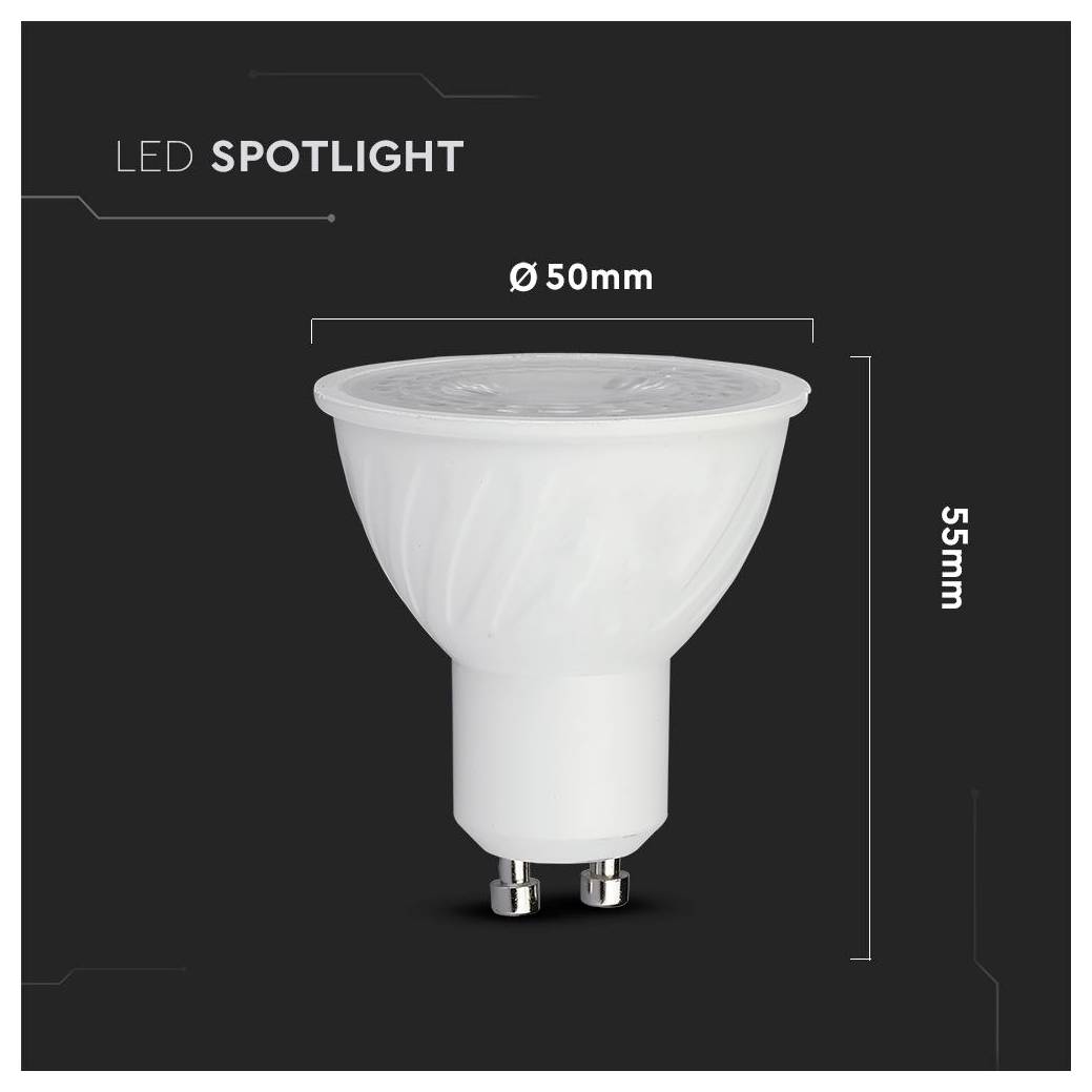 Biela LED reflektor na tmavom pozadí, označený „LED SPOTLIGHT", s rozmermi Ø 50 mm na šírku a 55 mm na výšku.