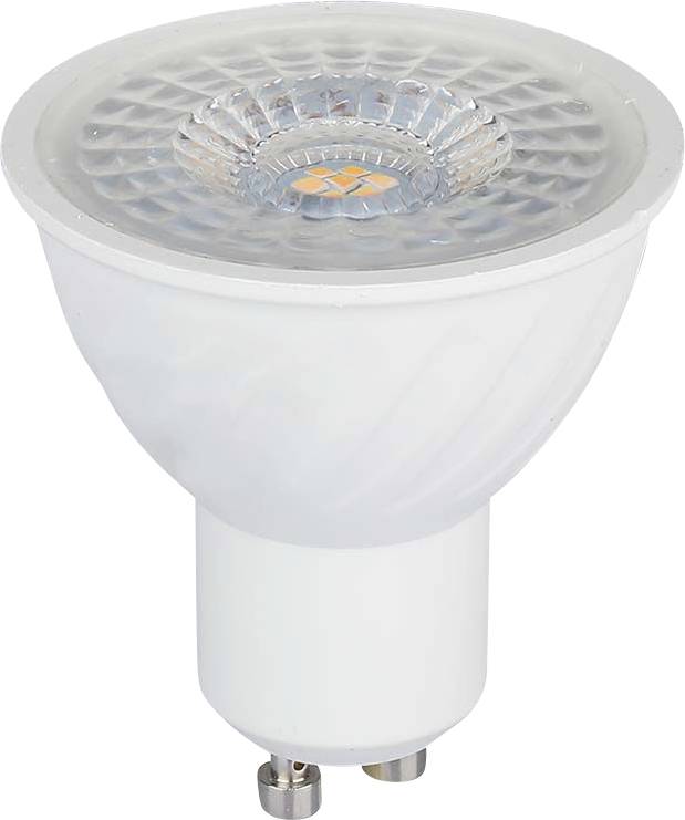 Biela LED stropná bodová žiarovka s matným trupom a čírou fasetovanou šošovkou, zobrazená na bielom pozadí.