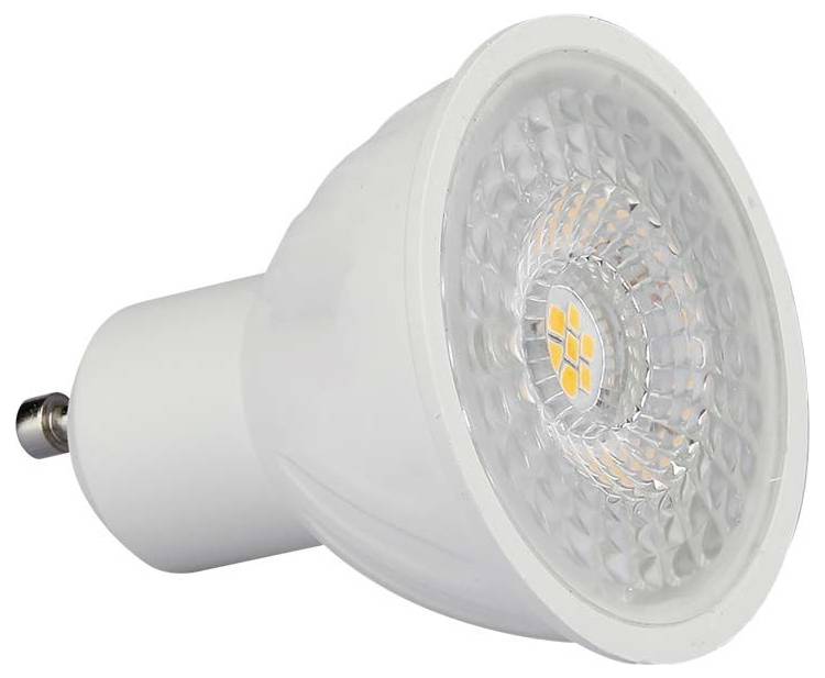 Biela LED žiarovka reflektor s reflektívnou šošovkou a päticou typu GU10, zobrazená na jednoduchom pozadí.