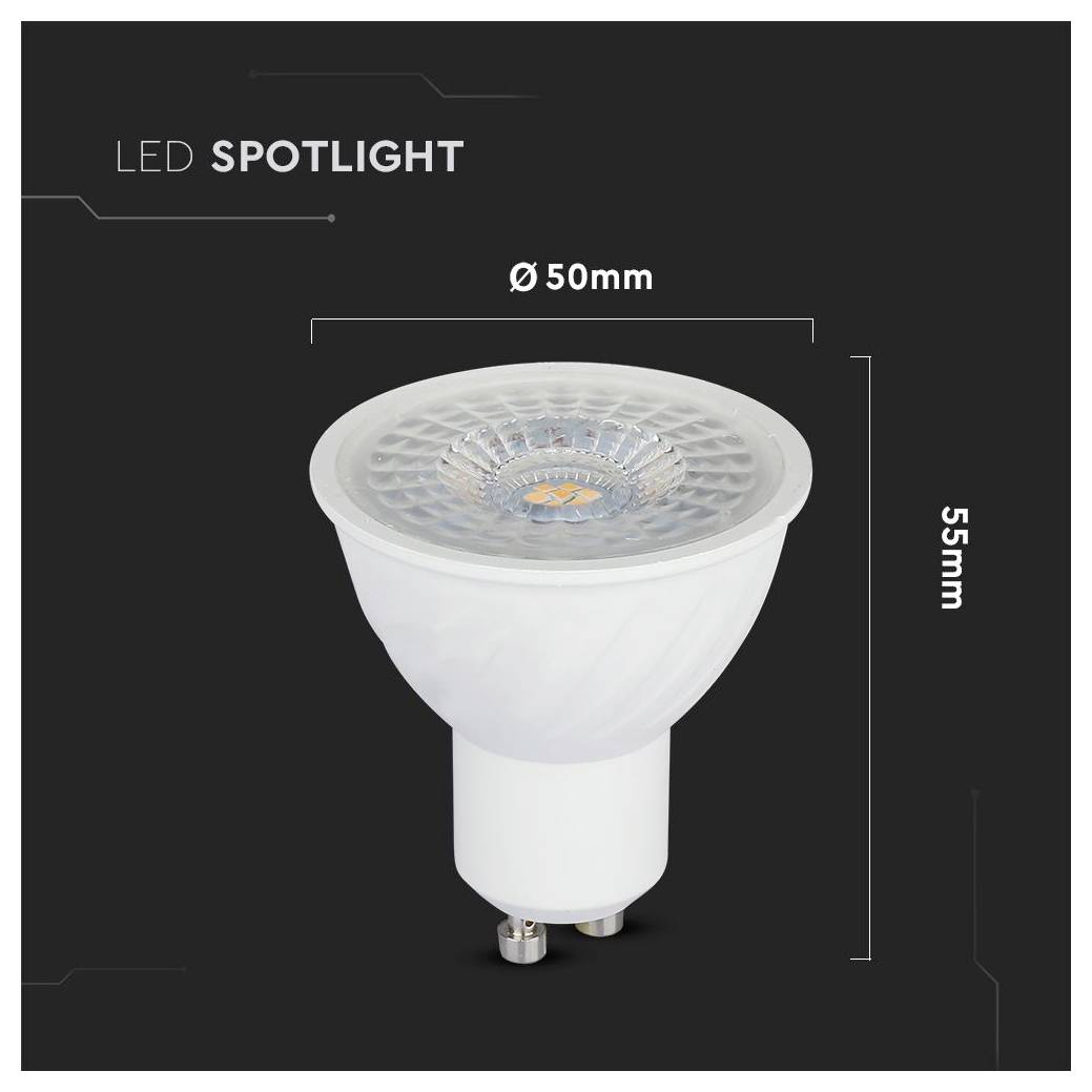 Obrázok produktu LED reflektorovej žiarovky označenej „LED SPOTLIGHT" s rozmermi Ø50mm a 55mm na tmavom pozadí.