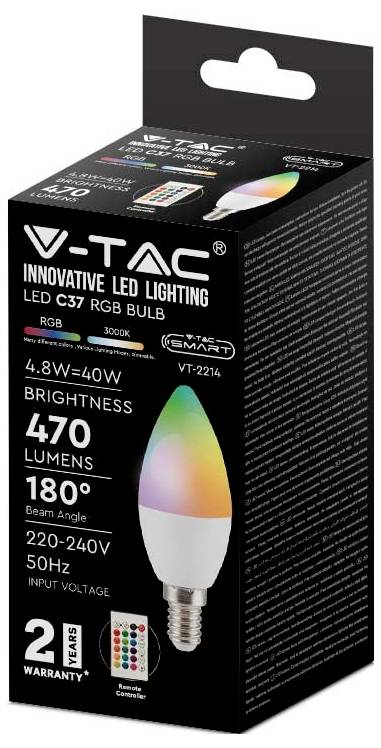 Krabica s RGB LED žiarovkou V-TAC s diaľkovým ovládaním, na obale sa zobrazuje inteligentná žiarovka s výkonom 4,8W, svetelným tokom 470 lumenov a uhlom rozptylu 180°.