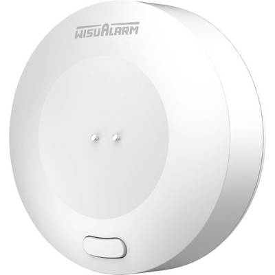 Biely kruhový alarm WisuAlarm s dvoma malými centrálnymi indikátormi a tlačidlom na spodnej časti, zobrazený na jednoduchom pozadí.