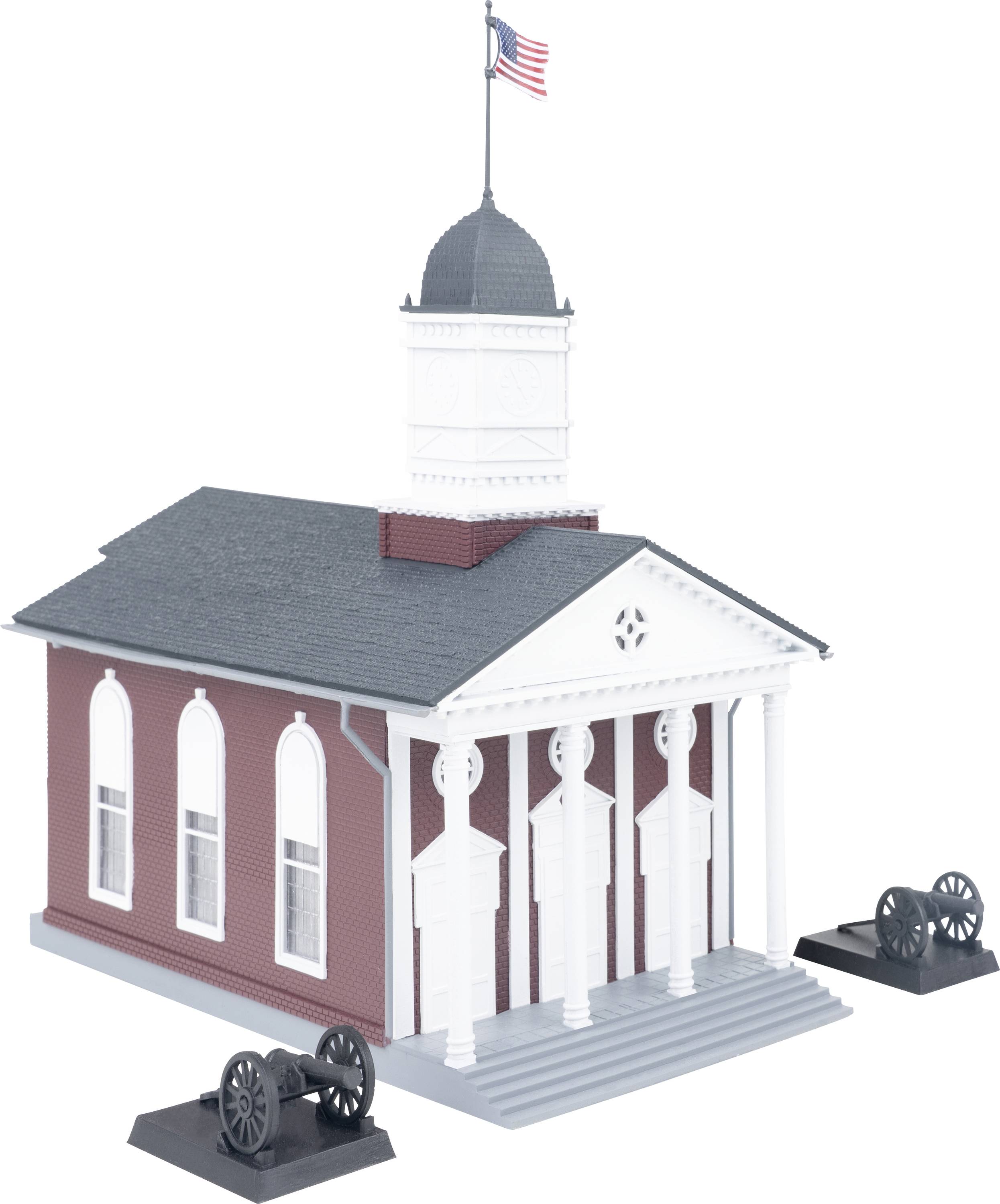 Model historickej červenej tehlickej budovy súdu s bielymi stĺpmi, kupolou a americkou vlajkou na vrchu, zobrazený na rovnom bielom pozadí.
