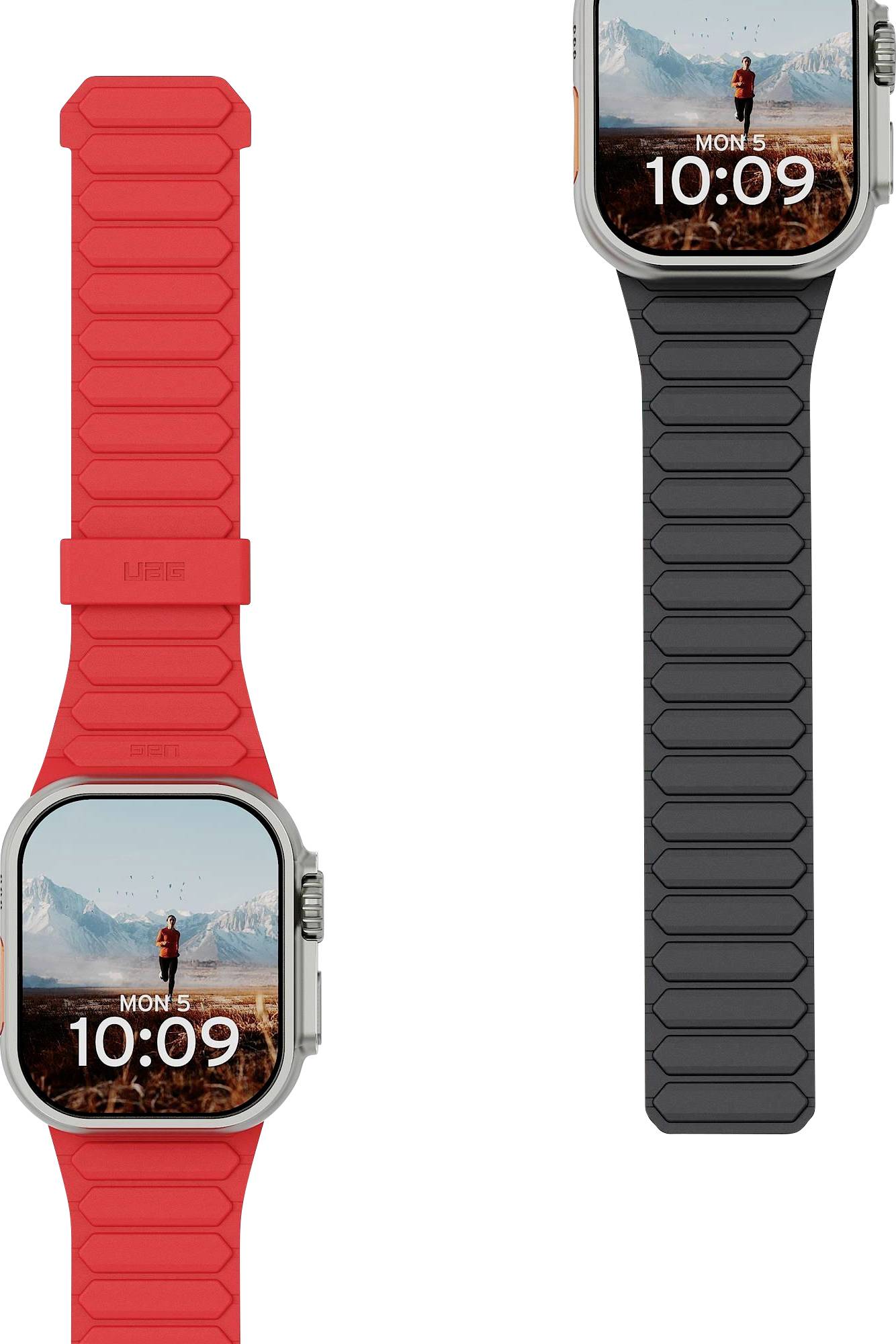 Dva hodinky v štýle Apple Watch Ultra zobrazené vedľa seba, jeden s jasne červeným remienkom a jeden s čiernym remienkom, každý zobrazuje čas 10:09.
