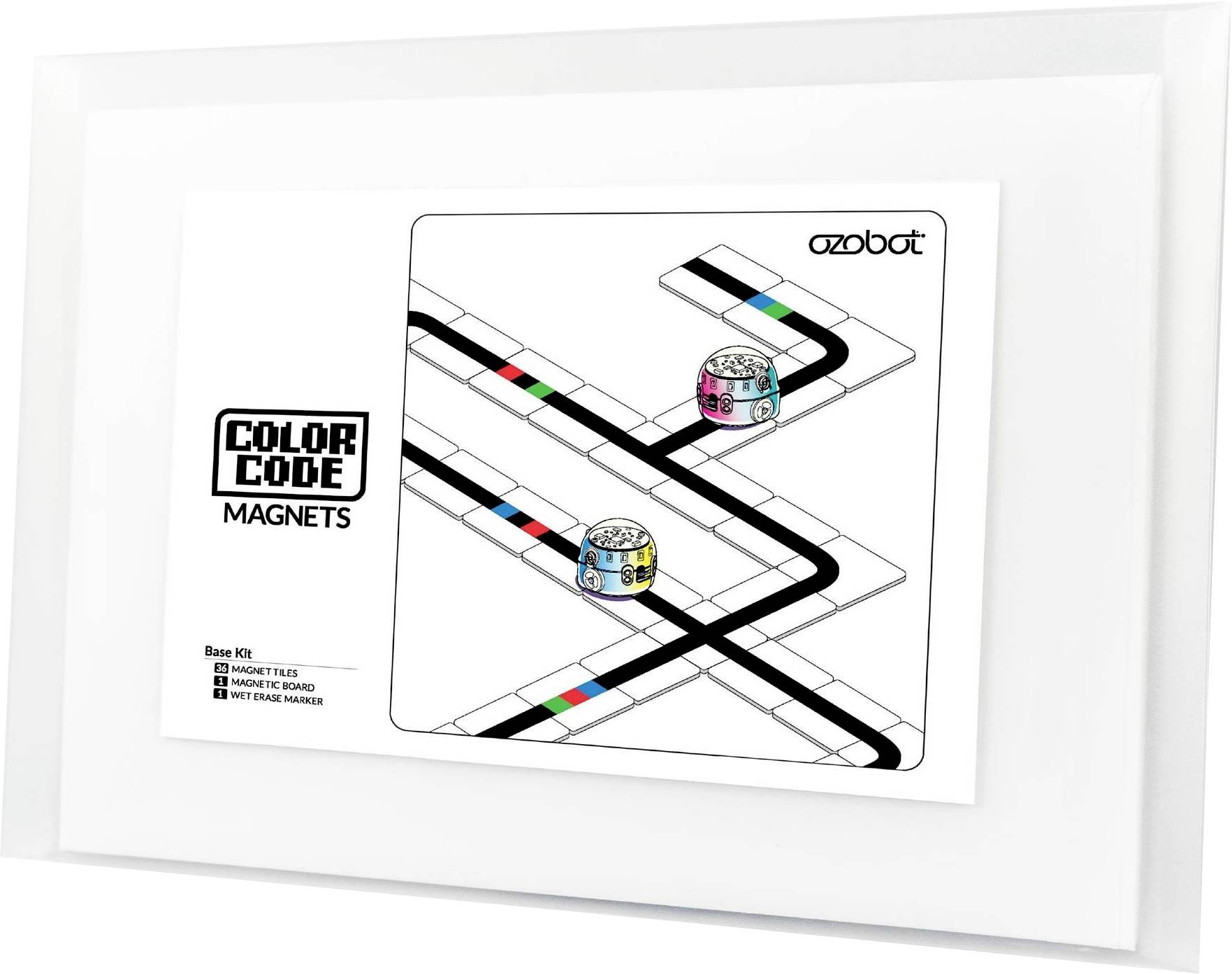 Obrázok balenia pre „COLOR CODE MAGNETS" od Ozobot, ktorý zobrazuje dvoch robotov na čiernej dráhe bludiskom s farebnými kódovacími dlaždicami a malý zoznam obsahu balenia.