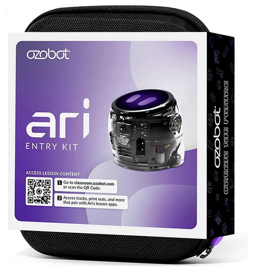 Balíček Ozobot Ari Entry Kit s robotom a prístupovým QR kódom na lekcie, zobrazený v čiernom prenosnom kufríku.