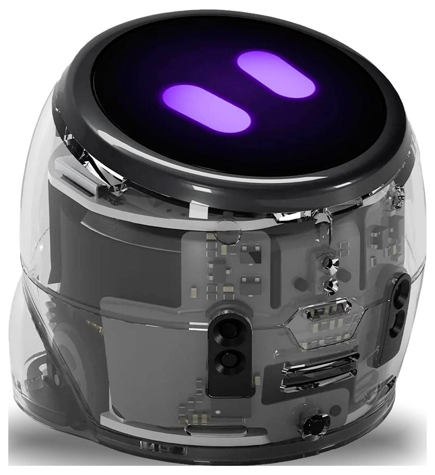 Priehľadný valcový robot s čiernym vrchným displejom zobrazujúcim dva svietiace fialové pruhy, odhaľujúci vnútorné elektronické komponenty vnútri priehľadného plášťa.