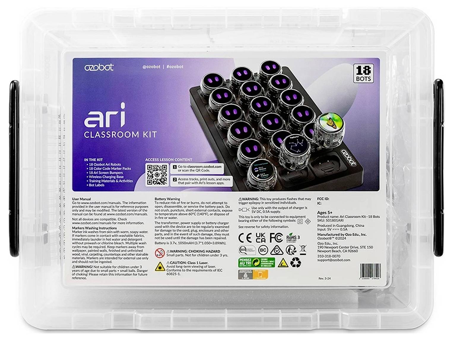 Plastový úložný obal obsahujúci "Ozobot Ari Classroom Kit" označený ako "18 botov" s balíkom robotov, QR kódom a bezpečnosťným/inštrukčným textom na vložke.