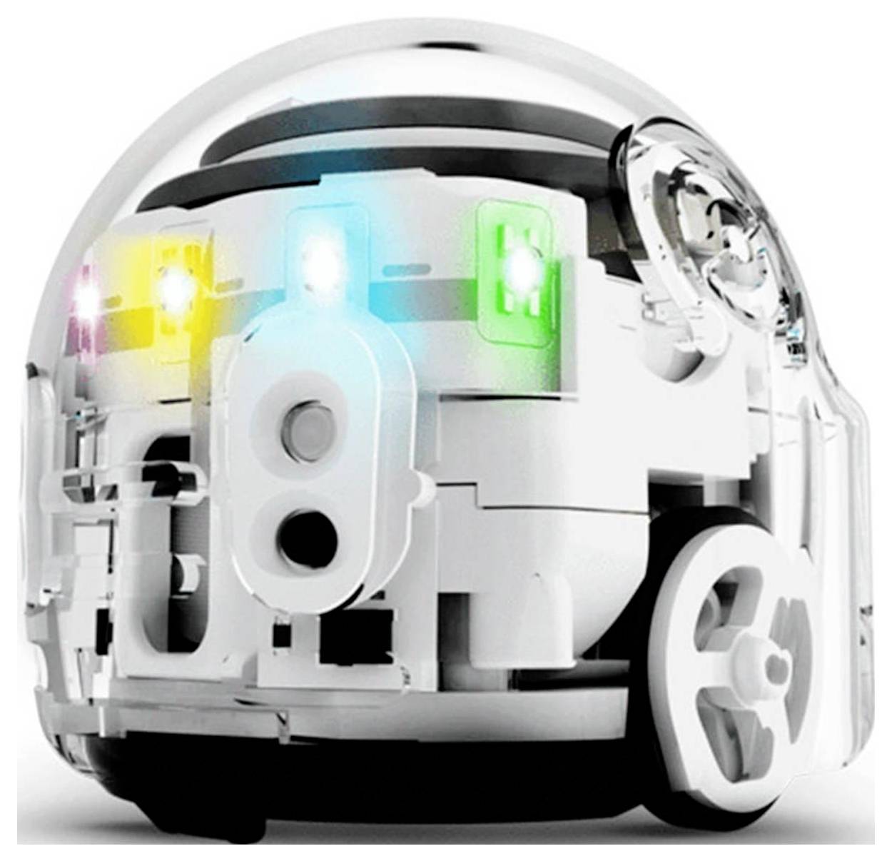 Kompaktný biely robot so zaobleninou škrupinou a svietiacimi farebnými svetlami, zobrazený z pohľadu spredu-zľava na bielom pozadí.