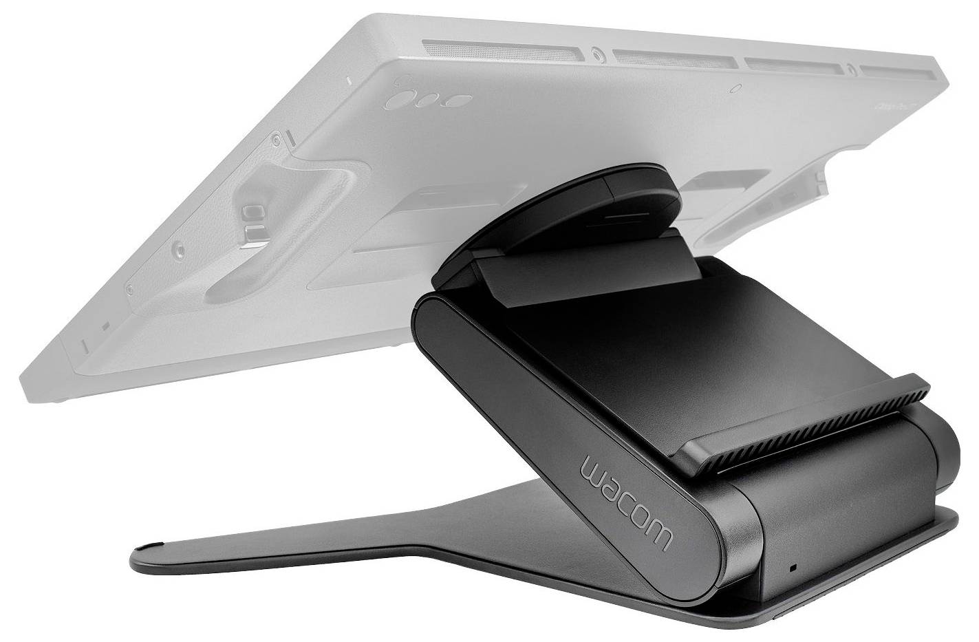 Stojan na tablet Wacom podporujúci tablet v zdvihnutej sklopenej polohe na podložke na pracovný stôl.