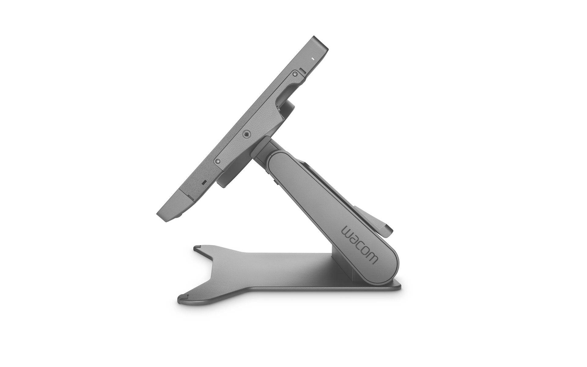 Sivá podložka na kresliacu tabletu Wacom zobrazená v bočnom pohľade, s nastaviteľným podperným ramenom a základňou na bielom pozadí.