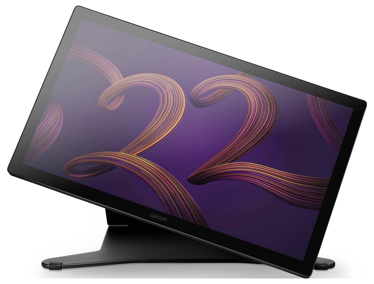Čierna grafická tabuľka Wacom so stojanom, zobrazujúca fialový displej so štylizovanou grafikou čísla "22".