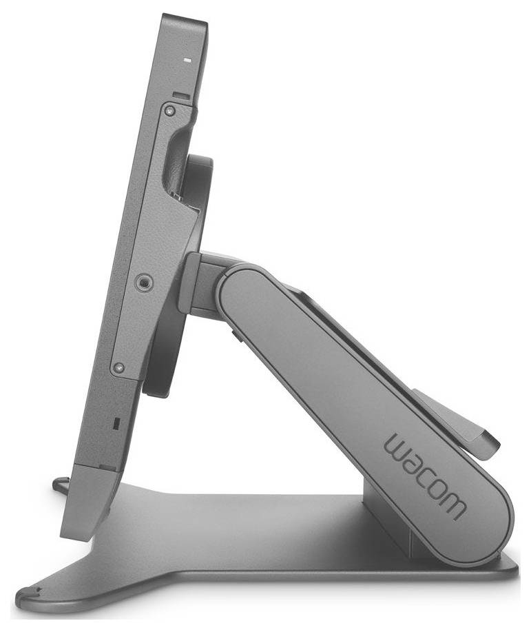 Bočný pohľad na grafický tablet Wacom na nastaviteľnom stojane, ktorý ukazuje podpornú rameno a naklonený podstavec obrazovky.