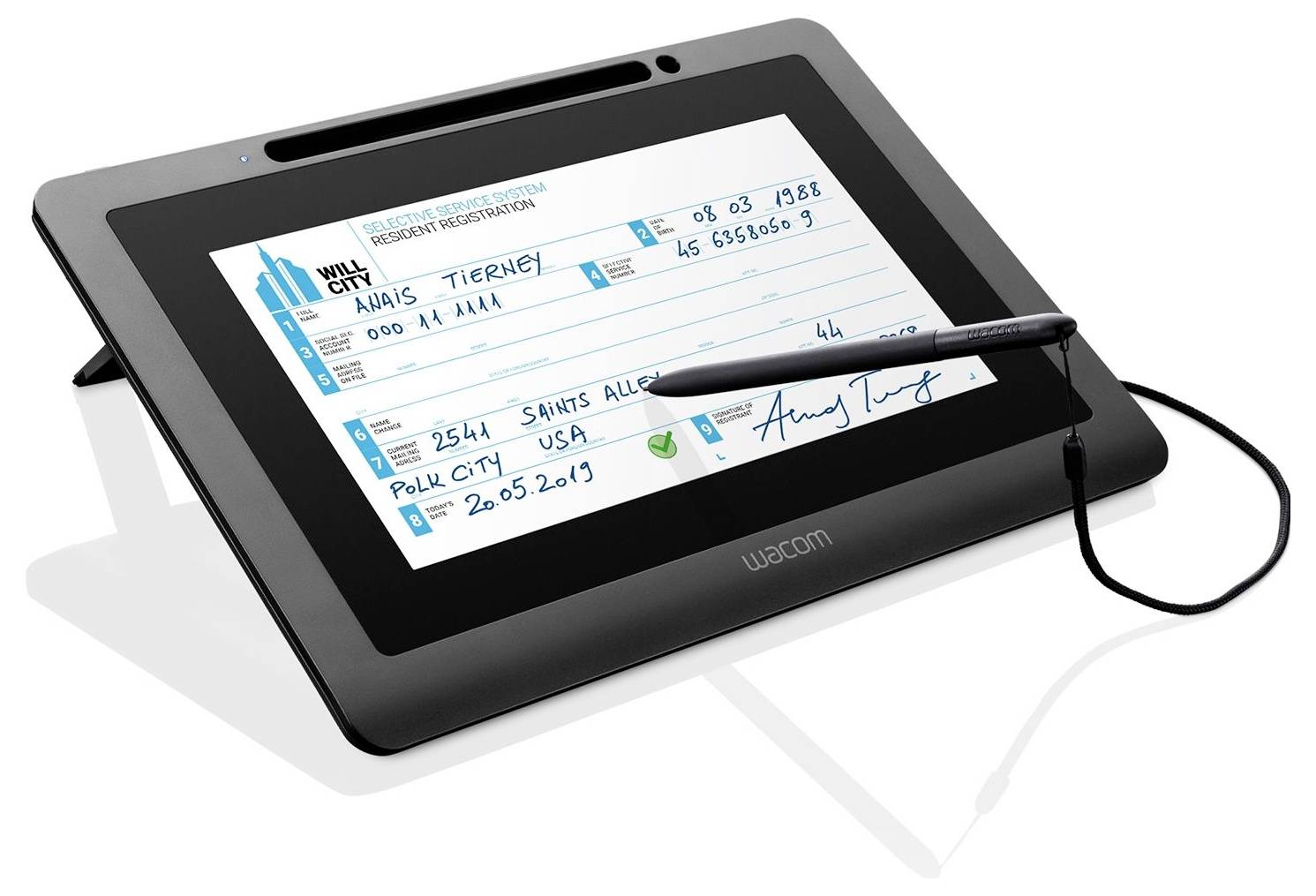 Grafický tablet Wacom s perom zobrazuje digitálny formulár, ktorý sa podpisuje štylusom.