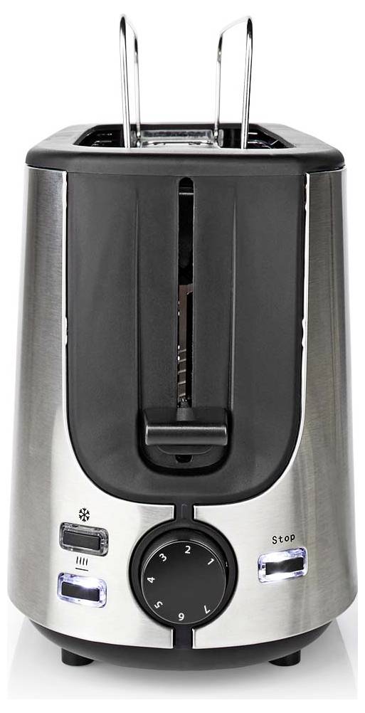 Nerezavejúci dvojkváskový toaster s čiernymi akcentmi, predný páka, regulátor zhnednutia a podsvietené tlačidlá zastavenia/zrušenia na bielom pozadí.
