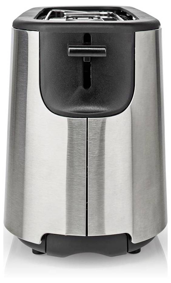 Nerezavejúci pop-up toaster s dvoma otvormi a čiernou ovládacou pákou, zobrazený v čelnom pohľade na bielom pozadí.