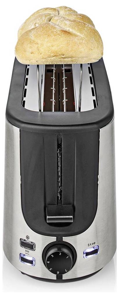 Dvouslotový toaster s chlebom vychádzajúcim zo šlitz, predným regulačným kolieskom a tlačidlami na bagety a zrušenie.