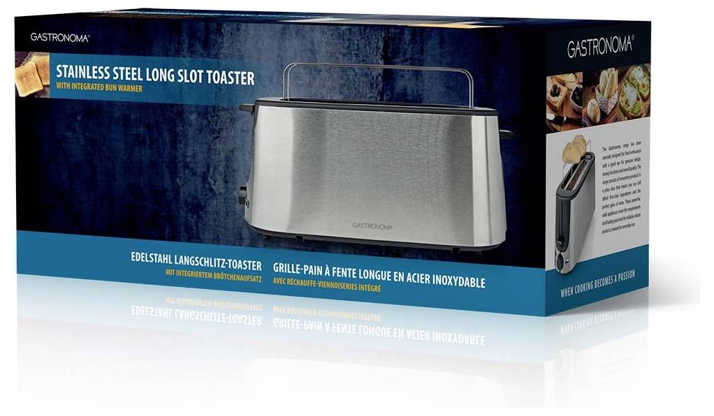 Krabicové balenie na 'Nerezový dlhý zásuvkový toaster' od spoločnosti GASTRONOMA, ktoré zobrazuje fotografiu toastera a detaily produktu na modrej a čiernej maloobchodnej krabici.