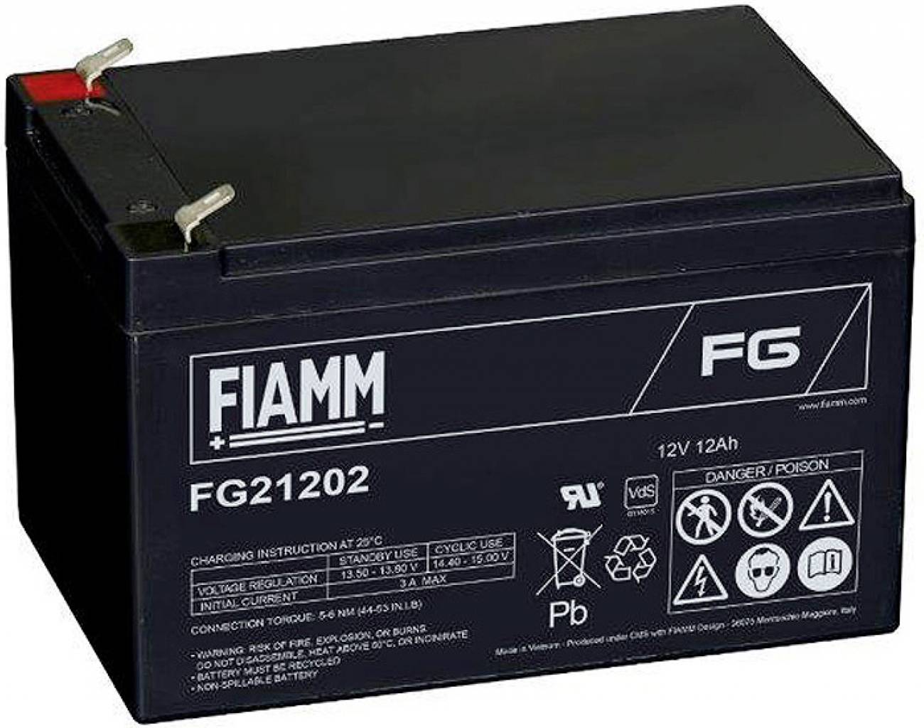 Čierna batéria FIAMM FG21202 12V 12Ah utesnená olovená akumulátor so svorkami na vrchu a varovným štítkami na prednej strane.