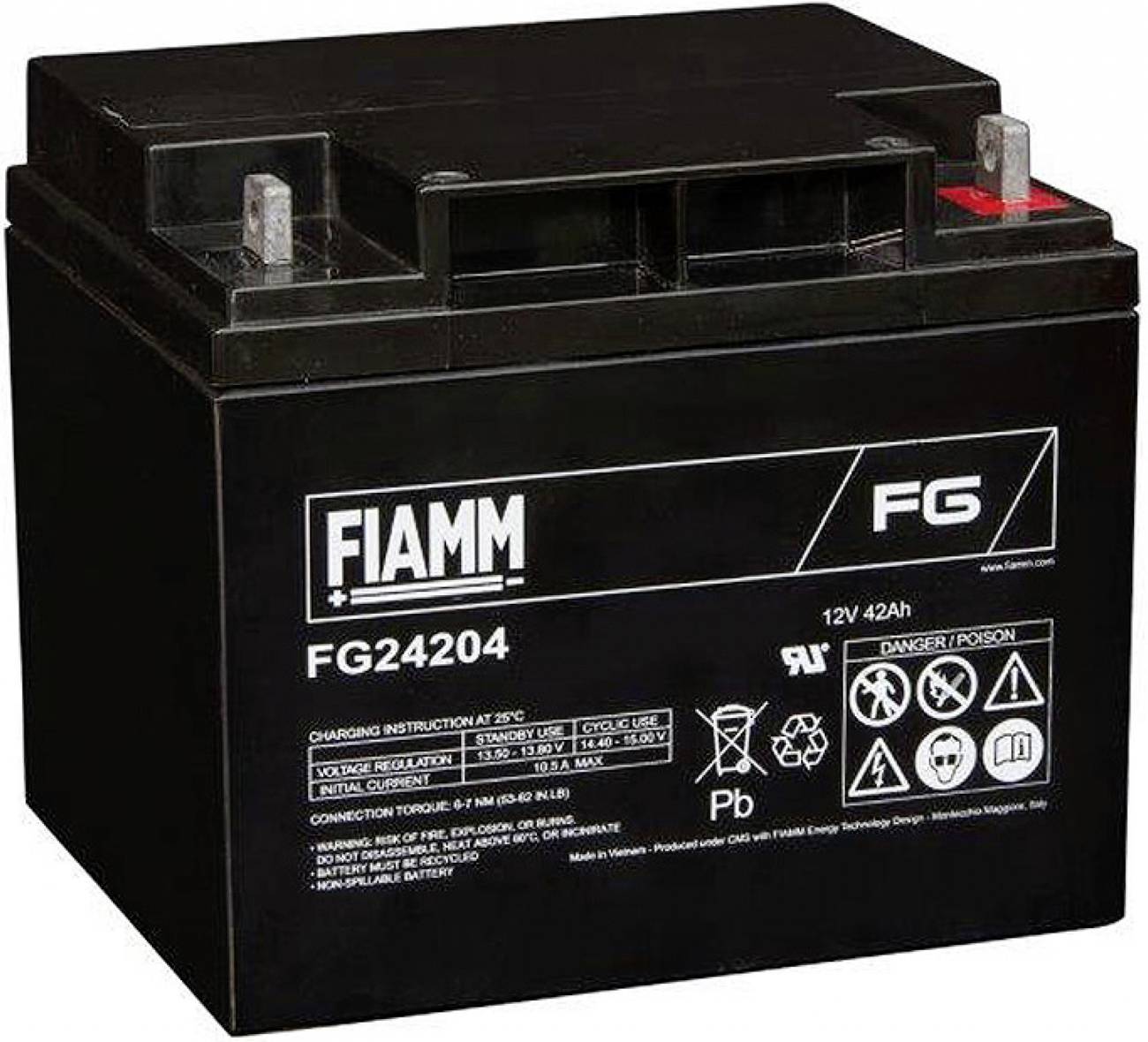 Čierna FIAMM FG24204 12V 42Ah hermeticky uzavretá olovená batéria s dvomi svorkami na vrchu a výrobným štítkom na prednej strane.